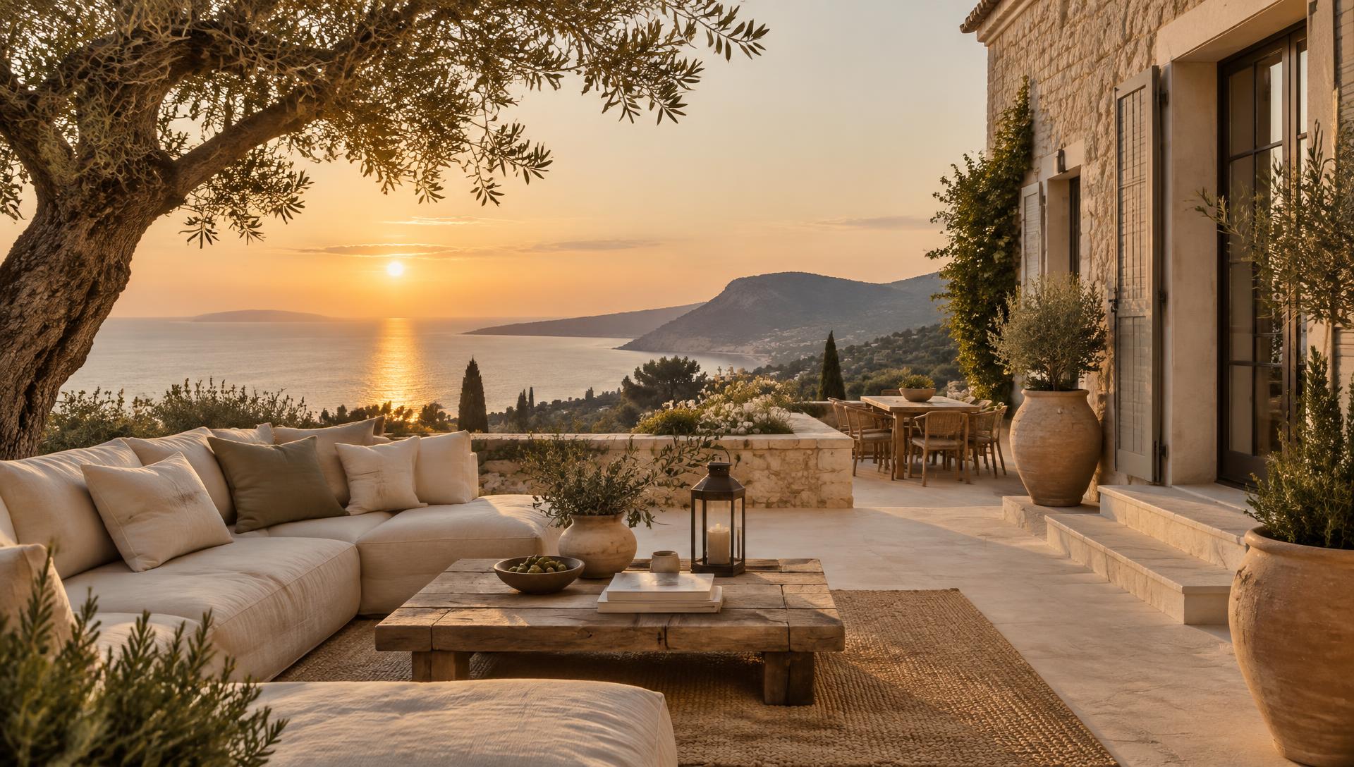 Terrasse d’une villa provençale face à la Méditerranée au coucher du soleil